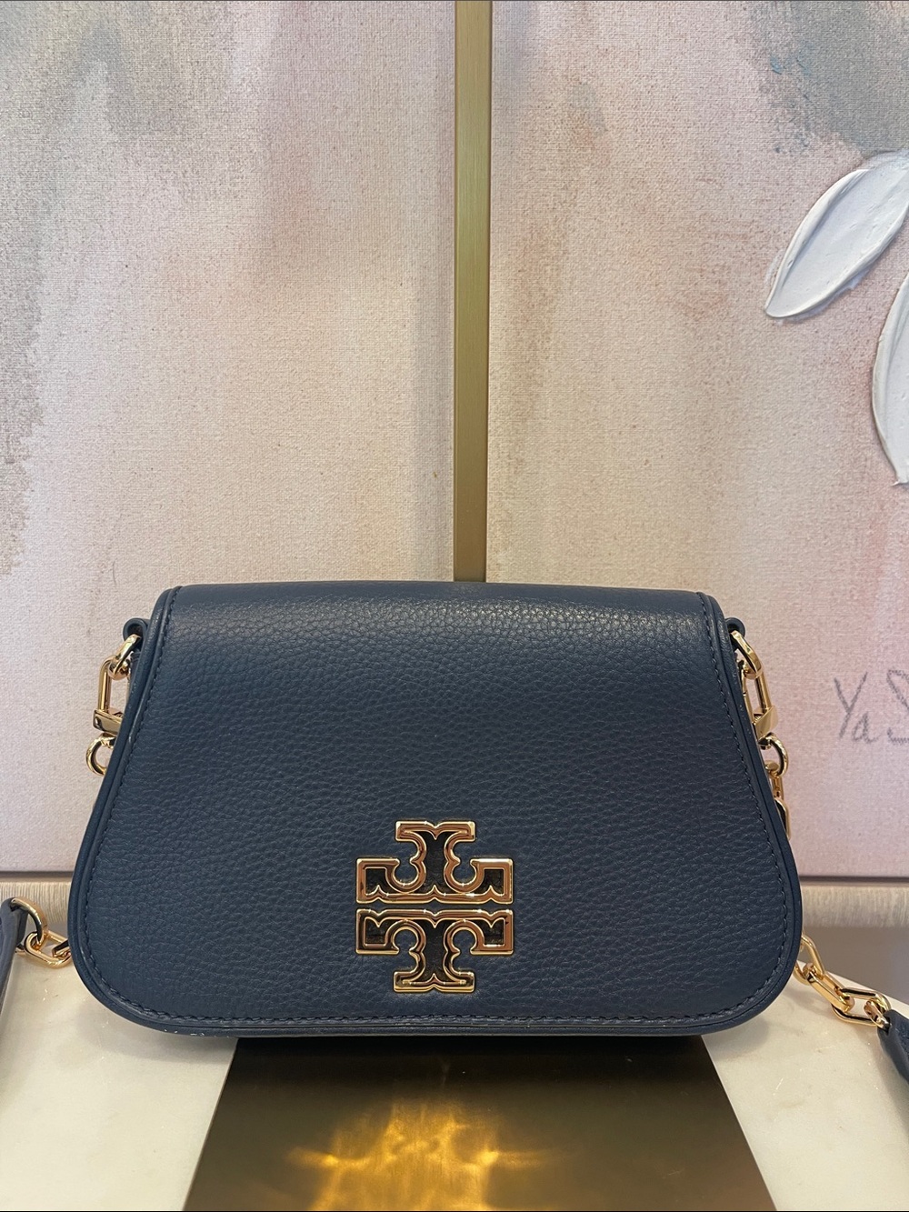 Tory Burch Navy Blue Leather Crossbody with Gold Hardware
